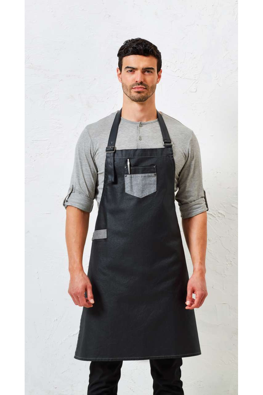 'DIVISION' WAXED LOOK DENIM BIB APRON WITH FAUX LEATHER