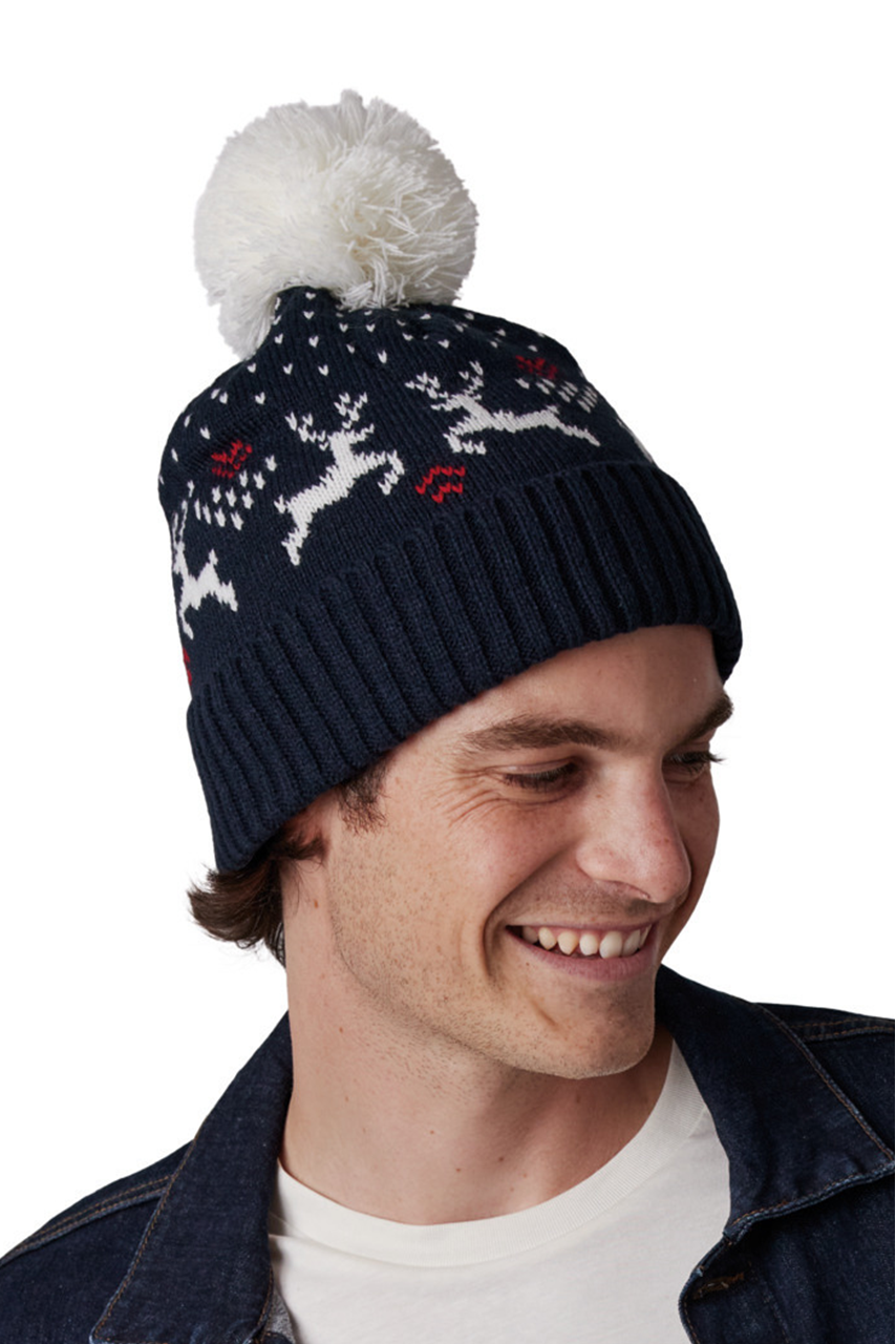 WINTER BEANIE WITH REINDEER DESIGN