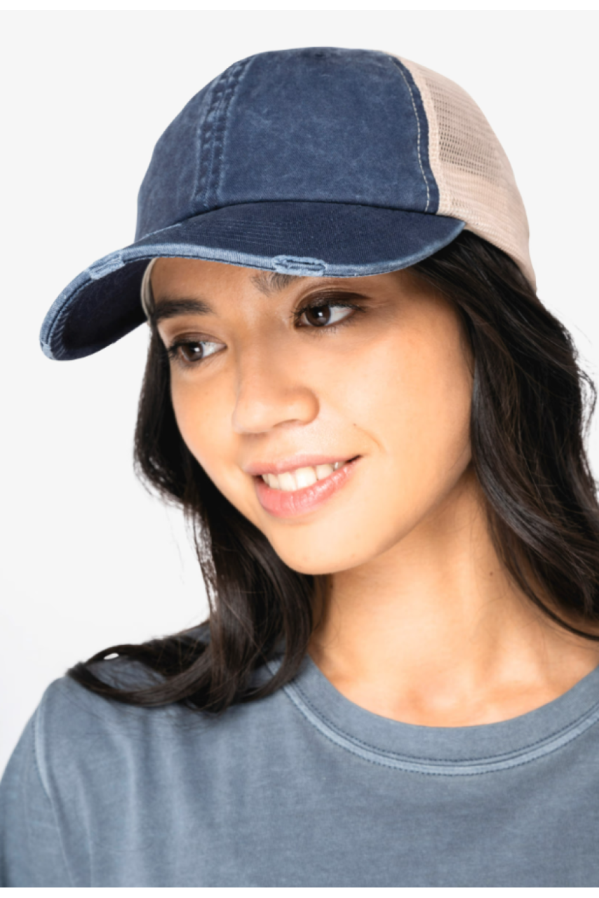ECO-FRIENDLY UNISEX RIPPED EFFECT TRUCKER CAP